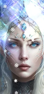 Fantasy Ice Queen with blue and silver hues, enhancing a mystical mobile wallpaper.