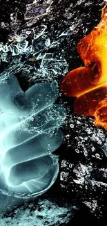 Fire and ice elements clashing in dramatic wallpaper.