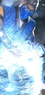 Ice warrior with blue energy burst in dynamic pose.