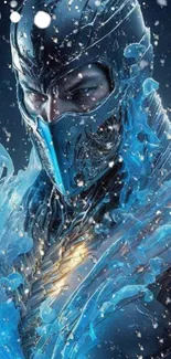 Ice warrior in detailed blue armor with a frosty aura.