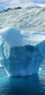 Iceberg against snowy mountains with blue sky.