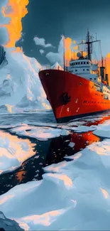 Red icebreaker ship navigating icy Arctic waters at sunset.