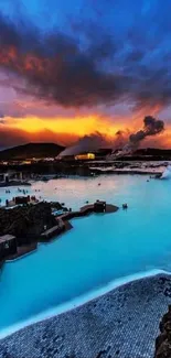 Geothermal waters under a vivid Iceland sunset.