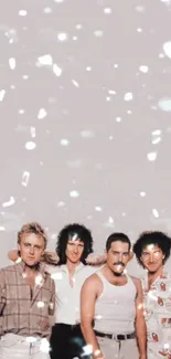 Mobile wallpaper featuring an iconic band group with a soft grey background.