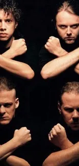 Four musicians pose with crossed arms on black background.