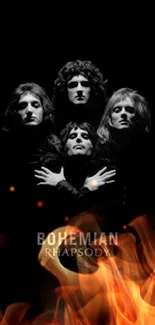 Silhouette of iconic rock band in black and white, Bohemian Rhapsody theme.