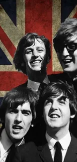 Vintage photo of famous British band in front of Union Jack.