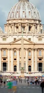 Majestic basilica under a clear sky, bustling with visitors.