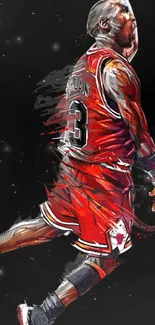 Stylized basketball player in red motion, vibrant and dynamic design.