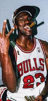 Iconic basketball player celebrating victory with cigar in hand.