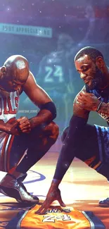 Mobile wallpaper featuring iconic basketball legends kneeling on the court.