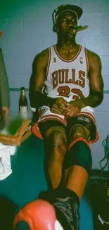 A legendary basketball player in a classic jersey, with a cigar, in the locker room.