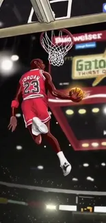 Illustrated basketball player dunking on court.