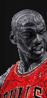 Basketball legend in typography art, red and black design.