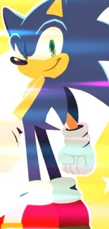 Animated blue hedgehog poses confidently on a yellow background with stars.