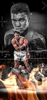 Dynamic wallpaper of iconic boxer in the ring with fiery background.