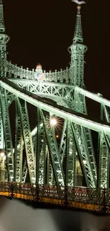 Illuminated green bridge at night showcasing architectural elegance.