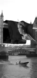 Black and white image of London bridge with a regal portrait overlay.