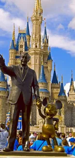 Iconic castle and statue in fantasy theme park.