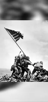 Iconic World War II flag-raising photo in black and white for mobile wallpaper.