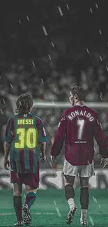 Iconic football players walking on field.