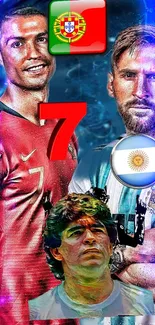 Football legends wallpaper featuring iconic players with flags and number seven.