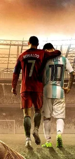 Football legends embrace in iconic stadium.