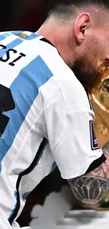 Athlete kissing a golden trophy in celebration.