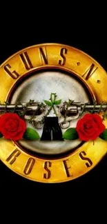 Guns N' Roses logo with roses and revolvers on black background.