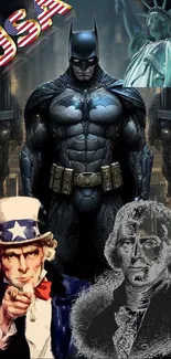 Wallpaper with Batman, Statue of Liberty, Uncle Sam, and USA lettering.