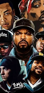 Artistic illustration of iconic hip hop legends in a vibrant, colorful style.