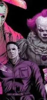 Illustration of iconic horror characters with a vivid purple theme.