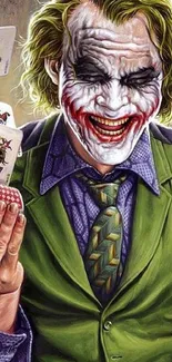 Joker art wallpaper with green suit and playing cards.