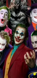 Collage of iconic Joker characters in colorful suits.