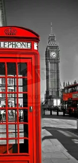 Red London phone booth with Big Ben in background.