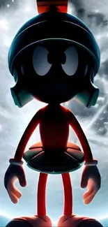 Silhouette of a Martian character with a cosmic background.