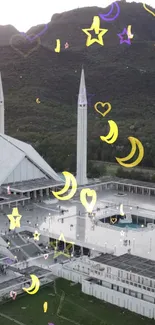 Scenic mosque with stars and moons in mountain backdrop.