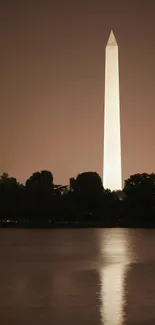 Washington monument reflecting in water at night, creating a serene scene.