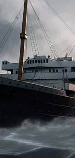 Historic ocean liner sailing through stormy seas, capturing maritime history.