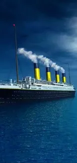 Historic ocean liner sailing under moonlit night sky and blue sea.