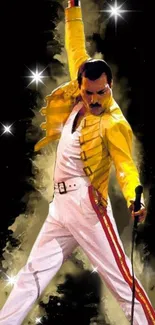 Legendary performer in yellow jacket with dynamic pose on stage.