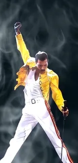 Iconic performer in yellow jacket holding a microphone with a dramatic pose.