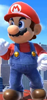 Cartoon plumber in blue overalls stands confidently on a city rooftop.