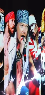 Dynamic collage of iconic rock stars with colorful bandanas and electric energy.