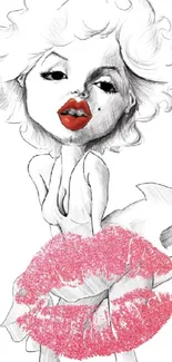 Artistic sketch of a glamorous figure with bold red lips.