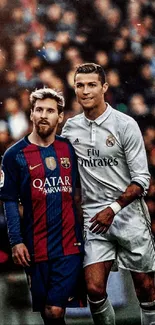 Iconic soccer duo on field in team jerseys.