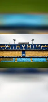 Vibrant blue and yellow stadium with empty seats.