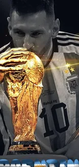 Celebrated soccer player with trophy in gold-themed wallpaper.