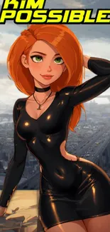 Animated spy character in cityscape with orange hair and black outfit.