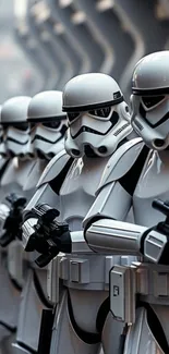 Stormtroopers lined up in formation, iconic armor.